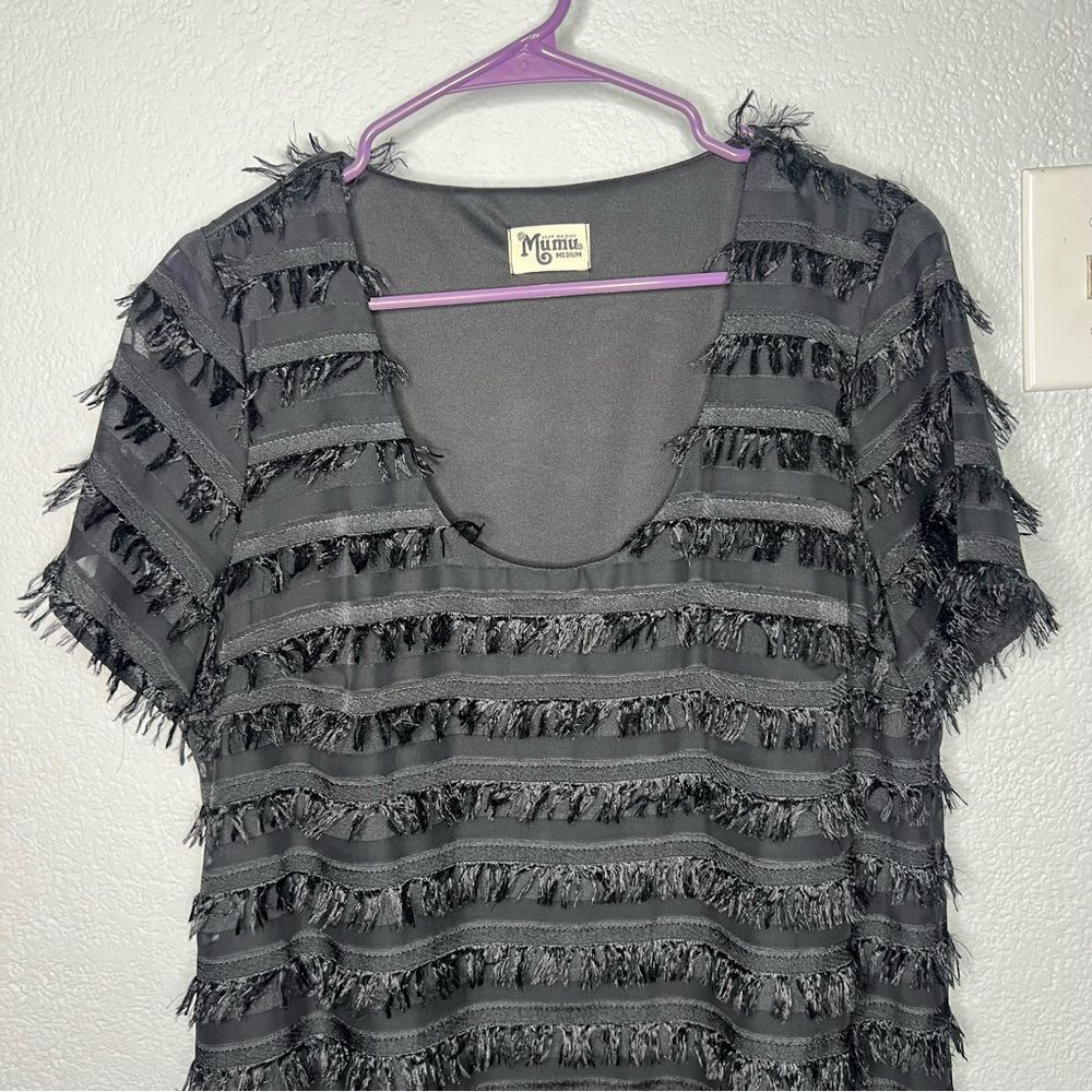 Show Me Your Mumu Demi Fuzzy Fringe Mini Short Sleeve Black Dress Sz M Boho, - Picture 4 of 10